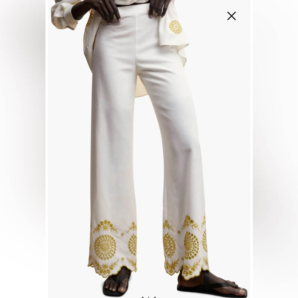 MNG Linen Blend Embroidered Scallop-Trimmed Wide Leg High Rise Culotte Trouser - Picture 15 of 16